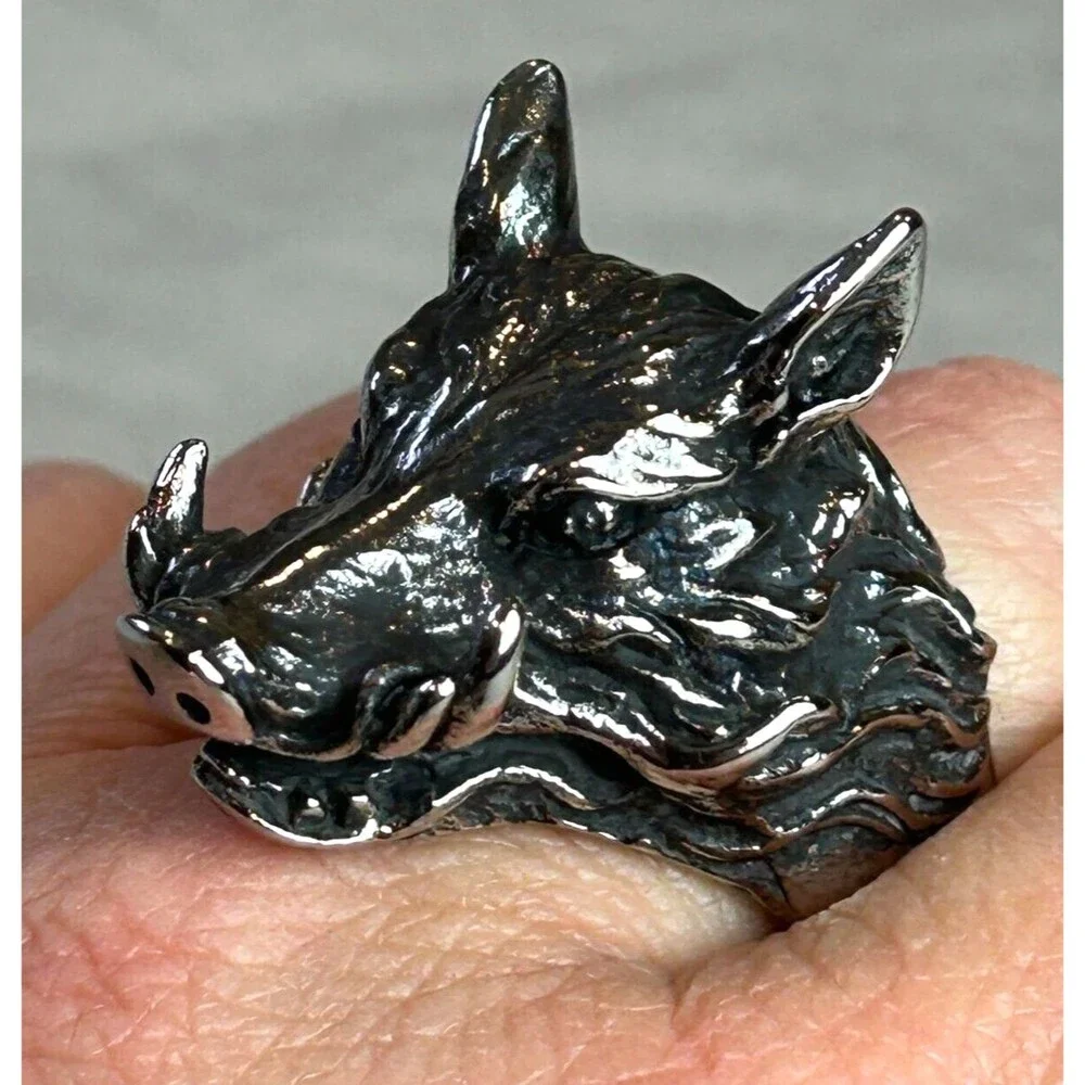 Men's Wild Boar Head Ring Bold Statement Jewelry Size 10